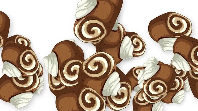 Animated Chocolate Swiss Roll Cakes Bursting Across White Background