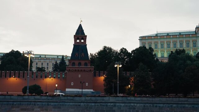 Moscow kremlin wall and tower at dusk