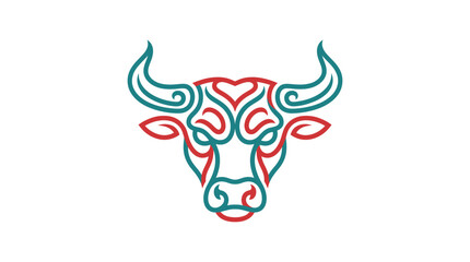 Fototapeta premium Stylized Bull Head Vector Illustration with Tribal Line Art Patterns in Red and Teal, Minimalist Ox Mascot Design Isolated on White Background for Branding and Creative Projects