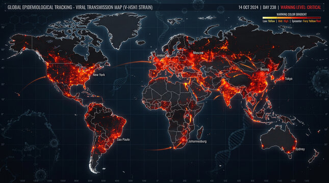 Global epidemiological tracking map displaying intense red viral transmission hotspots across continents against a dark blue digital background with glowing data lines.