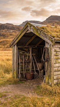 Rustic timber shed with traditional farming tools in a remote highland meadow landscape
