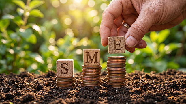 SME business growth concept with wooden blocks on coin stacks, small medium enterprise investment, financial development in nature isolated on White Background