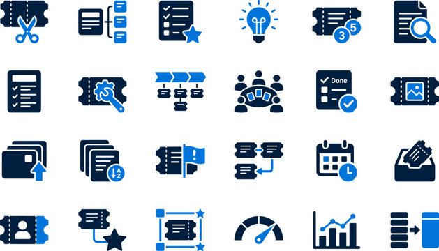Project development icons blue dark set for agile ticket system workflow