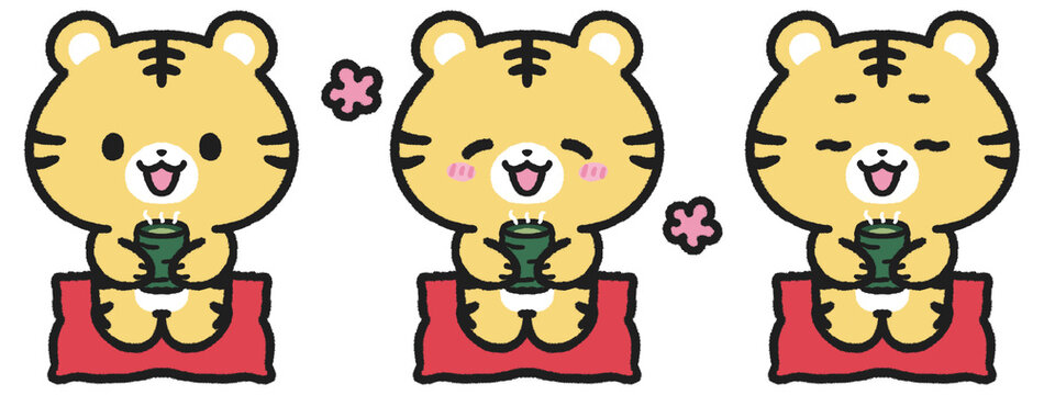 座布団に座りお茶を飲むトラのイラストセット