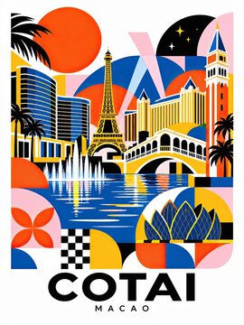 Colorful travel poster featuring stylized landmarks, architecture, water reflections, palm trees, and the visible text &ldquo;COTAI MACAO.&rdquo;
