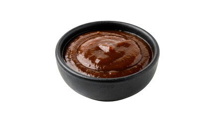 Small black bowl filled with delicious brown barbecue sauce isolated on transparent background
