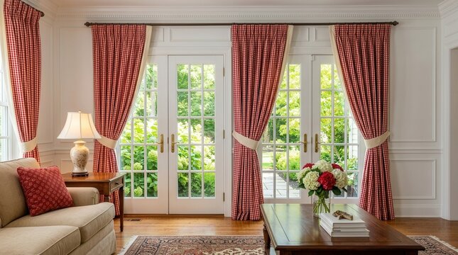 Home interior charm enhanced by red checkered curtains on elegant white windows