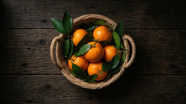 Jeruk Santang or Shantang Orange with green leaves in a rattan basket on a dark wooden table stilllife
