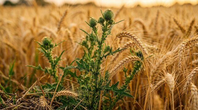 Mature wheat stalks in a harvest field with green thorny tares growing among them