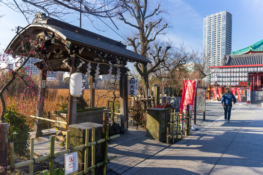 Shinobazunoike Bentendo Temple with blue sky in Tokyo, Japan.