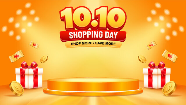 10.10 Shopping Day Sale Banner with Gift Boxes, Golden Coins, Discount Coupons and Glowing Spotlights on Orange Yellow Background, E-Commerce Retail Promotion Template for Seasonal Marketing Campaign
