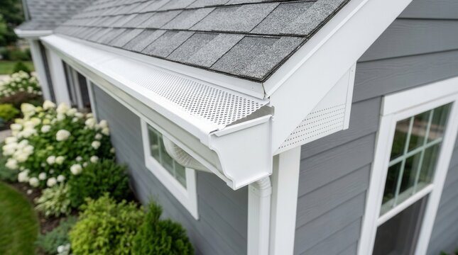 American home gutter protection system with white soffit and guards
