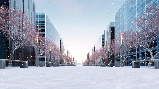 Looping 3d render footage showing snowfall over modern winter city avenue, featuring pink blossom trees, street lights, glass office buildings, moving clouds, perfect New Year celebration background.