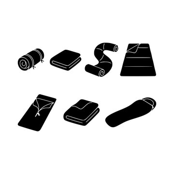 Sleeping bag liners rolled unrolled set silhouette vector illustration, Sleeping bag liners set silhouette design