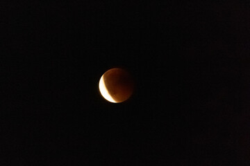 Lunar eclipse with a glowing reddish Moon against black space, celestial event, astronomy, astrophotography and night sky concept. © Anna