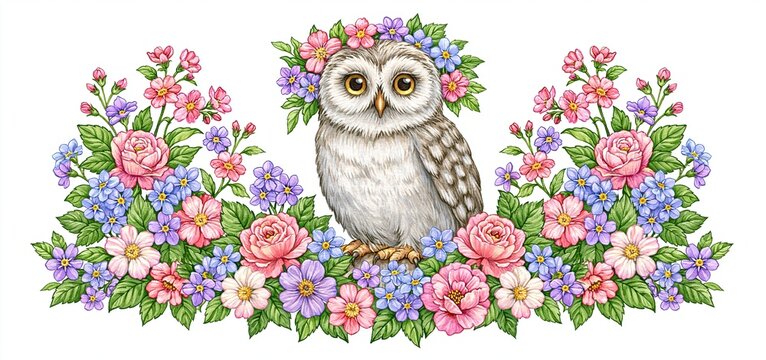 A whimsical owl decorated with delicate flowers in soft pastel hues, ideal for nature-inspired designs.