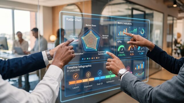 Business team analyzing futuristic holographic data dashboard with radar charts and KPIs, pointing at transparent interface in modern collaborative office space.