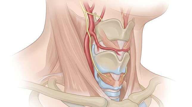 Anatomical illustration of human neck showing the external laryngeal nerve near thyroid gland vasculature