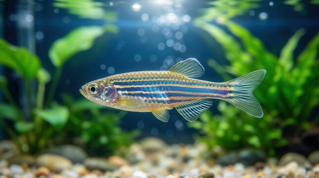 A clear aquarium with a close up of swimming zebrafish