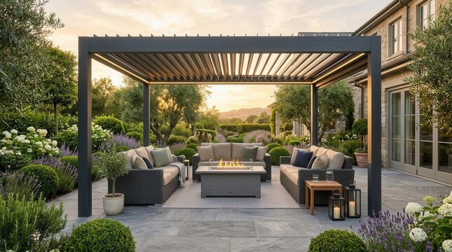 Upscale garden setting featuring luxury outdoor experience with adaptable aluminum pergolas