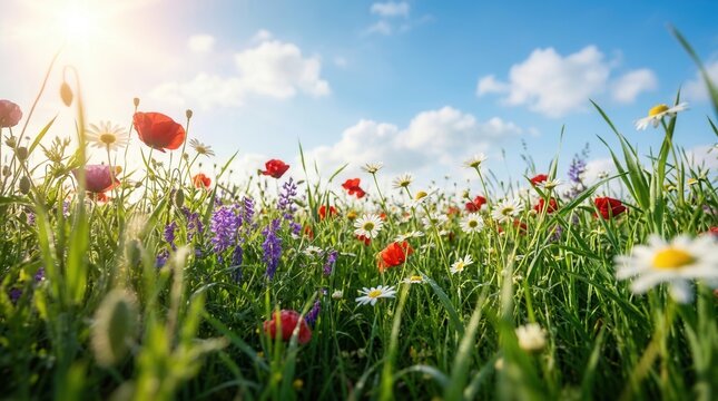 Flowering plants in a sunlit spring meadow under a blue sky, ideal for World Earth Day editorial headers