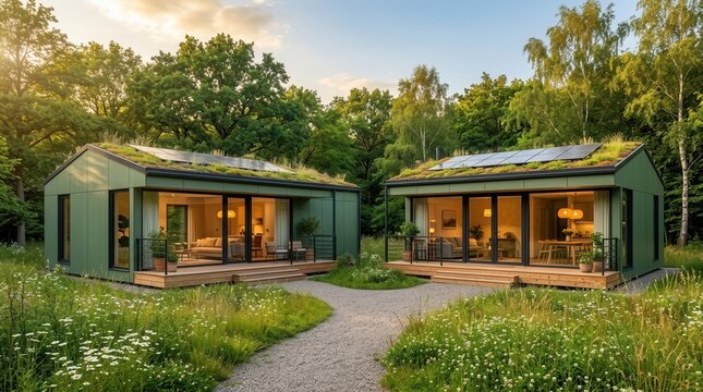 Modular housing units in green featuring sandwich panel technology and expansive panoramic windows