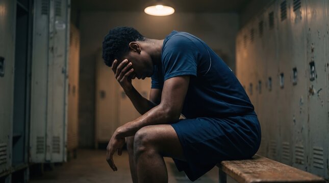 Depressed exhausted male athlete sitting alone on bench in dark locker room after defeat