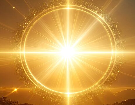 A luminous golden ring with radiant light beams and sparkling particles.