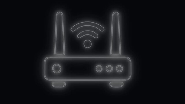Wireless router icon rendered in minimalist white neon outline glows brightly against a dark black background, highlighting modern network connectivity technology.