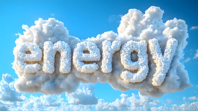 Fluffy white clouds forming word energy in bright blue sky environment