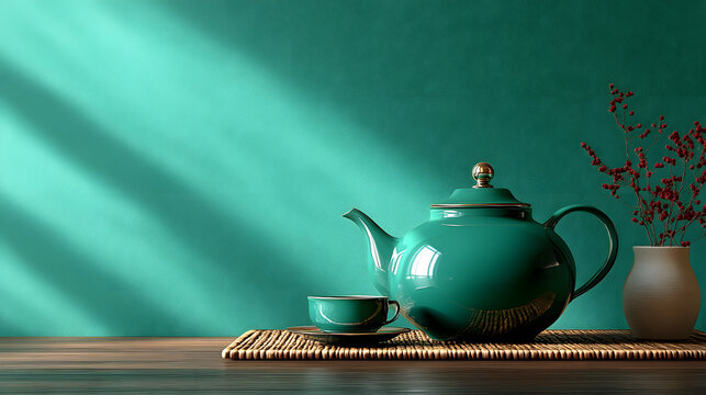 Elegant dark green ceramic teapot kettle sitting on minimalist wooden table