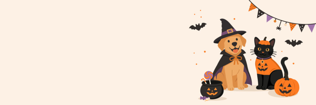 Halloween pets banner with dog dressed as a witch and black cat in pumpkin costume, surrounded by candy, jack o lantern and festive decorations. 