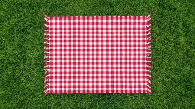 A natural outdoor surface featuring a picnic tablecloth on grass in a high-angle shot