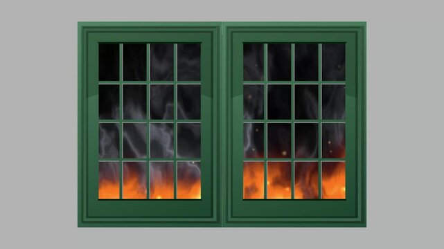 Intense Fire and Thick Smoke Burning Behind a Green Window Frame
