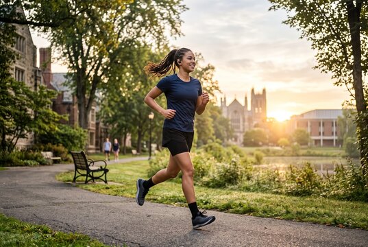 A person runs along a path in a university park at sunset. The sun sets behind buildings and trees, creating a bright and warm atmosphere. Other students are seen in the background