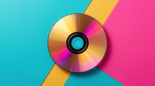 Vintage modern paper flat style layout featuring an 80s or 90s audio CD with 80s geometric design.