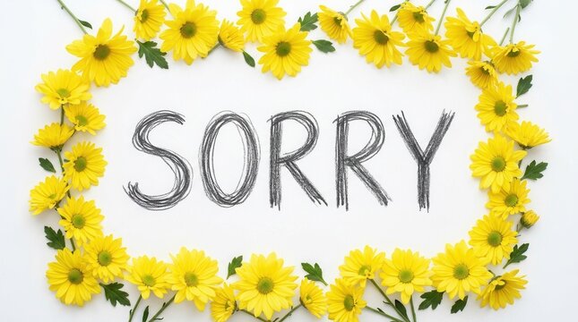 Yellow flowers on a white background surrounding a handwritten sorry message