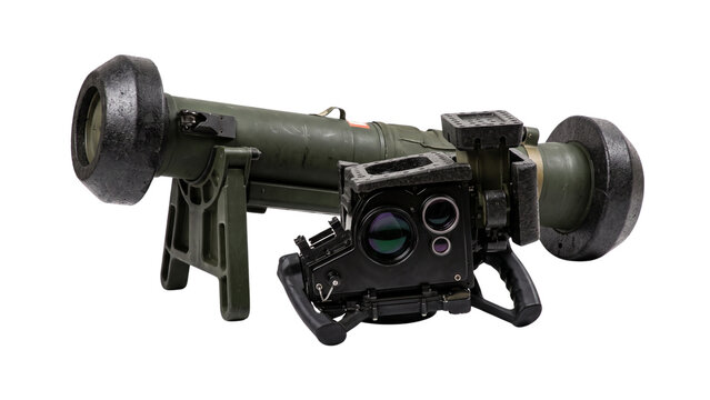 Green anti-tank rocket launcher with optical sight on black background