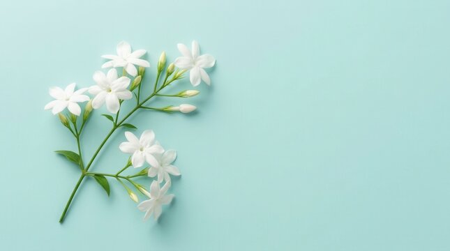 Smooth cool toned background with Arabian jasmine blossoms and copy space