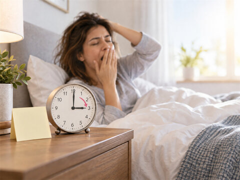 Tired woman yawning in bed beside a bedside alarm clock on a bright morning showing spring forward time change sleep loss disrupted routine fatigue and daylight saving adjustment at home