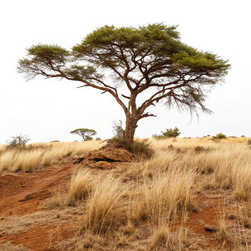 Lone acacia tree in dry grassy savanna field under overcast sky