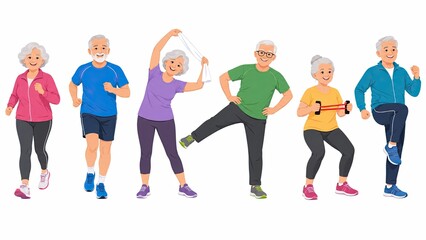 Obraz premium Illustration of diverse older adults exercising together through walking, stretching, dancing, and fitness activities.