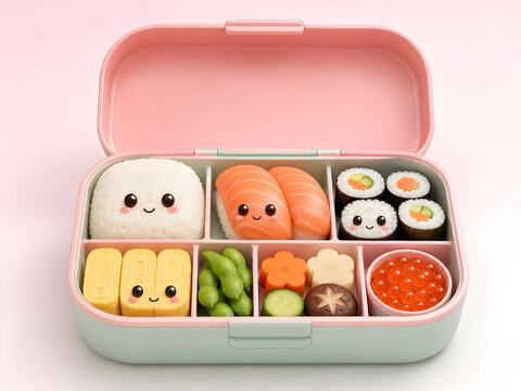Adorable Bento Box with Sushi Rice and Vegetables