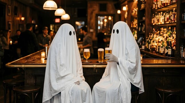 Two spectral figures draped in white sheets enjoy a quiet evening at a dimly lit pub