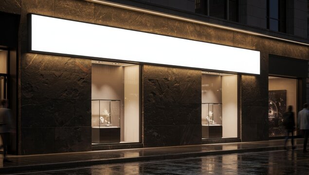Luxury jewelry boutique storefront with long illuminated blank horizontal sign mockup.