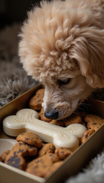 Close up of cute poodle dog sniffing bone shaped treat in a box