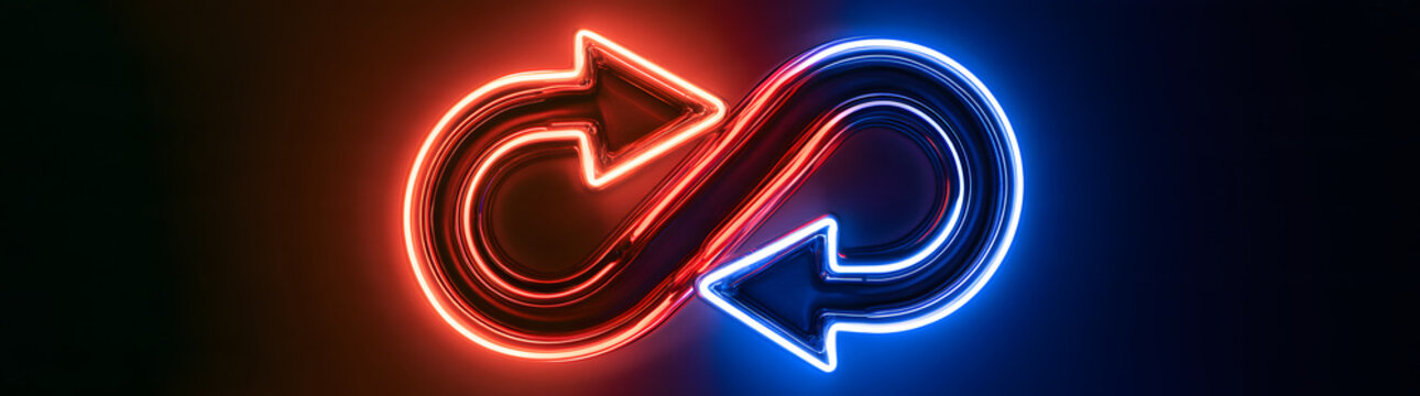 Two neon glass arrows spiraling in opposite directions, glowing, with a circular pattern that symbolizes exchange interaction and synchronization, representing dynamic business transactions