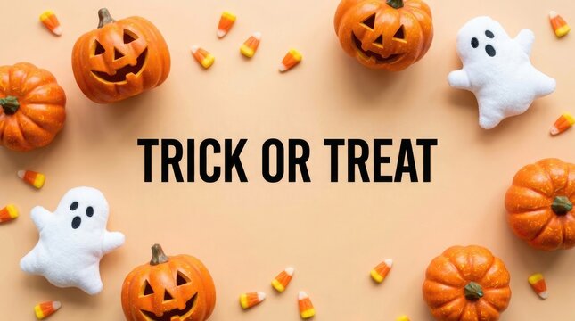 Festive halloween background featuring carved pumpkins and cute ghost decorations with trick or treat text for seasonal celebration