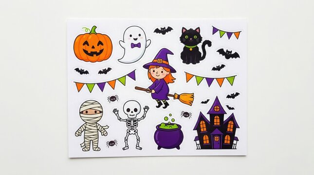 A collection of cute cartoon halloween stickers featuring a witch pumpkin ghost skeleton and a haunted house
