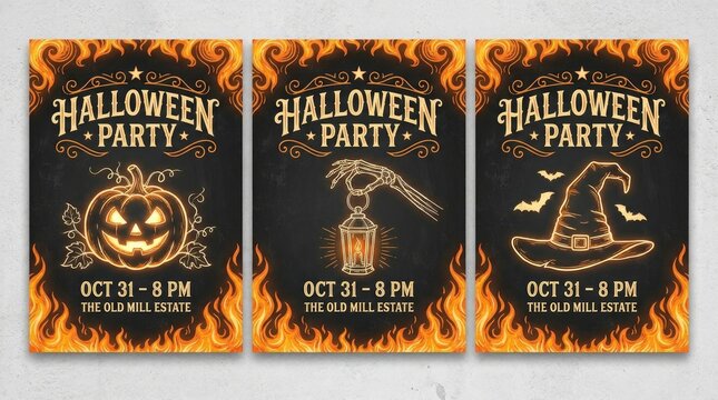 Set of three vintage style halloween party invitation posters featuring spooky pumpkin skull and witch hat illustrations